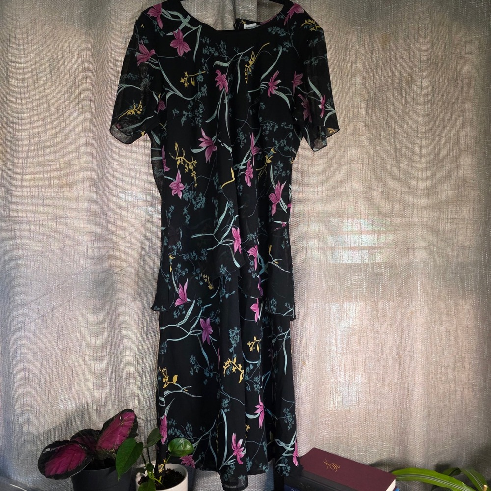 Anthony Richards Tiered Midi Dress 16 Floral Chiffon Vintage 90s Modest Church
